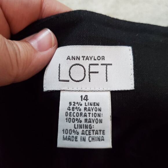 Loft Black Linen Blend White Floral Embroidery Office Work Knee Length Skirt 14 - Picture 6 of 6